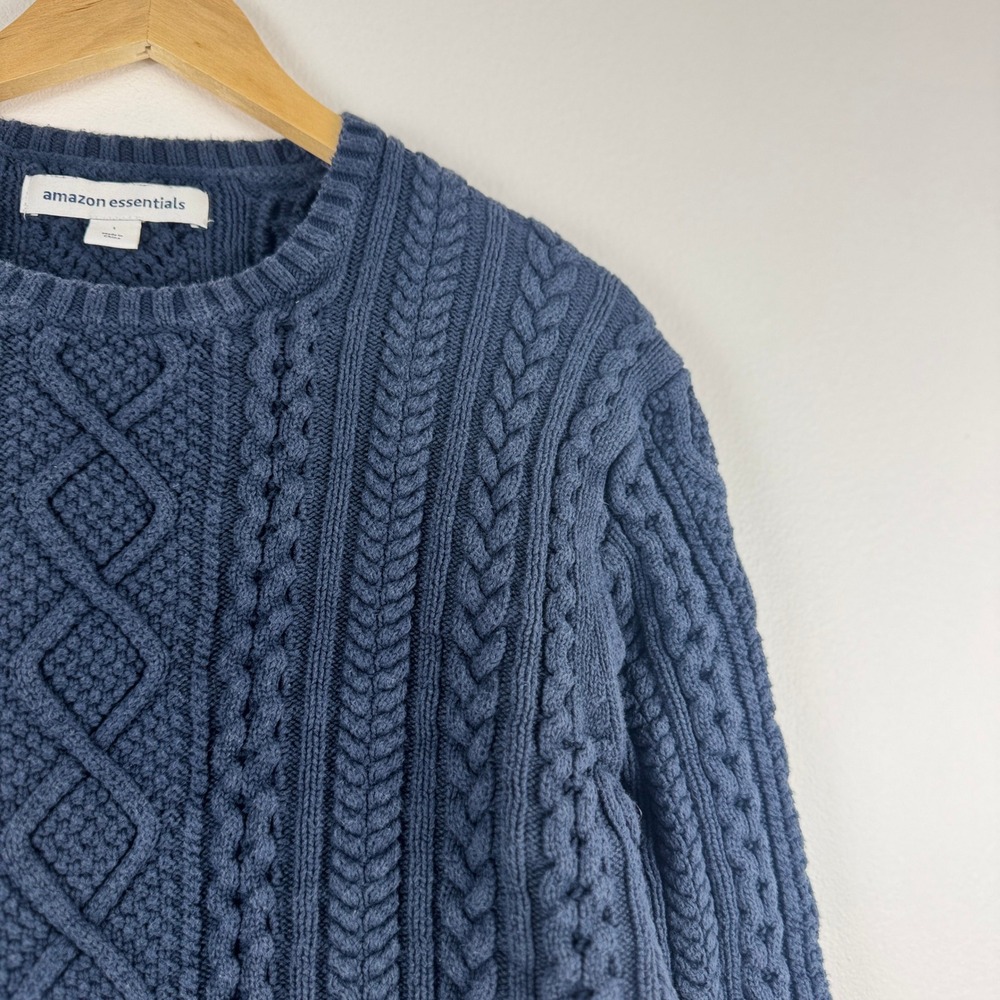Amazon Essentials Navy Blue Chunky Cable Knit Crew Neck Sweater Size L Fisherman - Picture 10 of 13